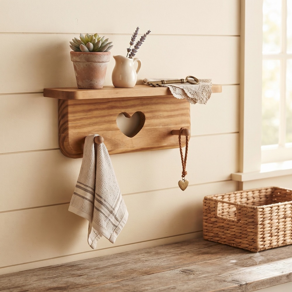 Vintage Pine Wood Wall Shelf Heart Cutout 2 Peg Towel Rack Country Rustic 12in